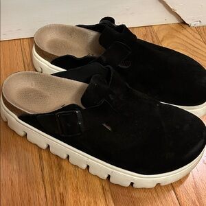 Papillio Black Suede Platform Clog Mule with White Sole